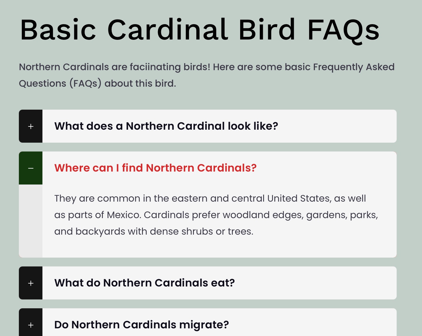 FAQ page about Northern Cardinals, covering appearance, habitat, diet, and migration, with expandable sections for detailed answers.