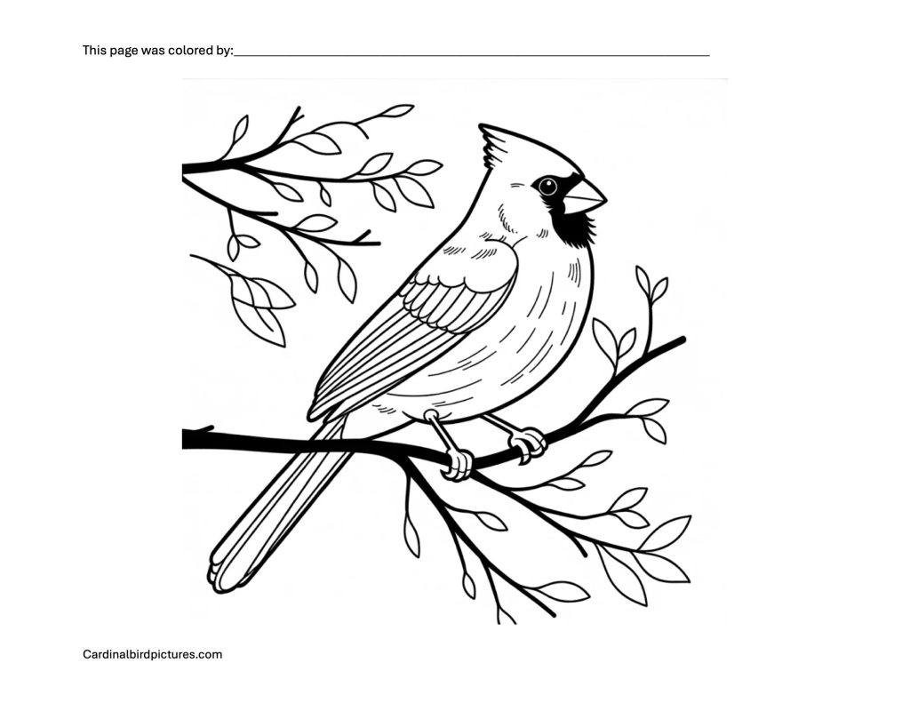 Black and white outline drawing of a cardinal perched on a branch with leaves.