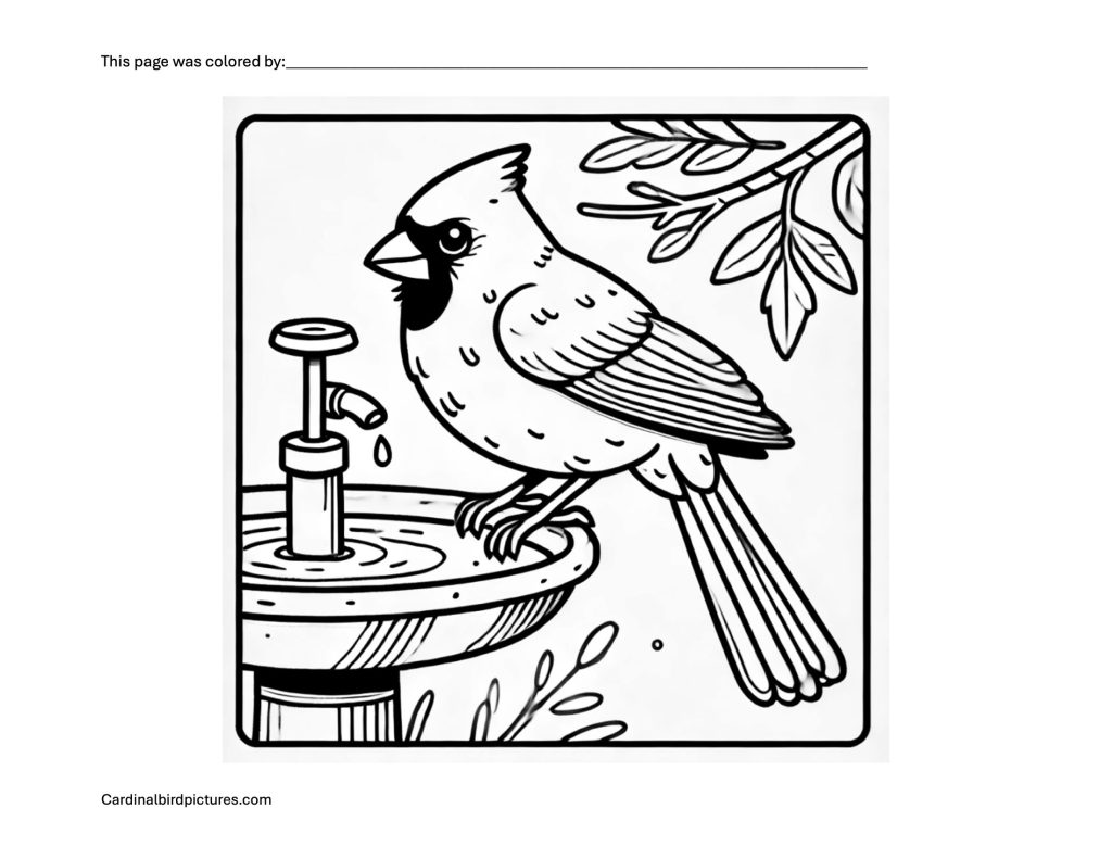 Line drawing of a cardinal perched on a garden fountain under leafy branches.