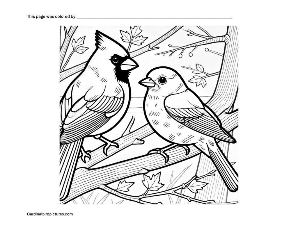 Black and white illustration of a male and female cardinal perched on tree branches with leaves and twigs in the background.