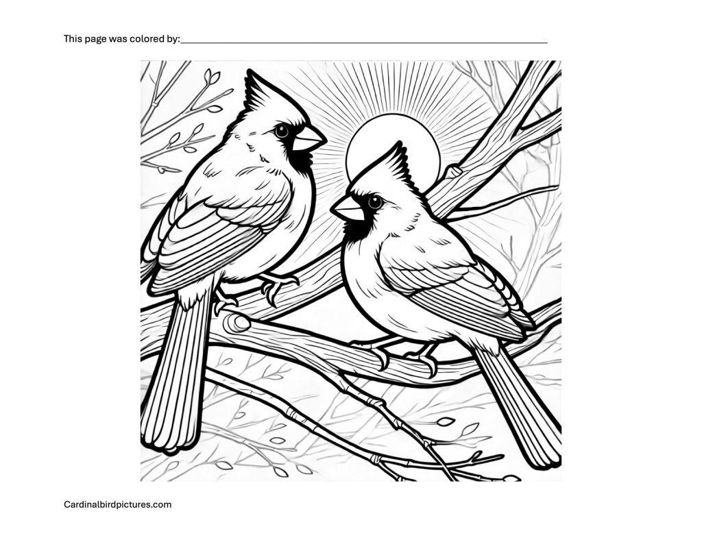 Two cardinals perched on branches, with a sun in the background, in a black and white coloring page.