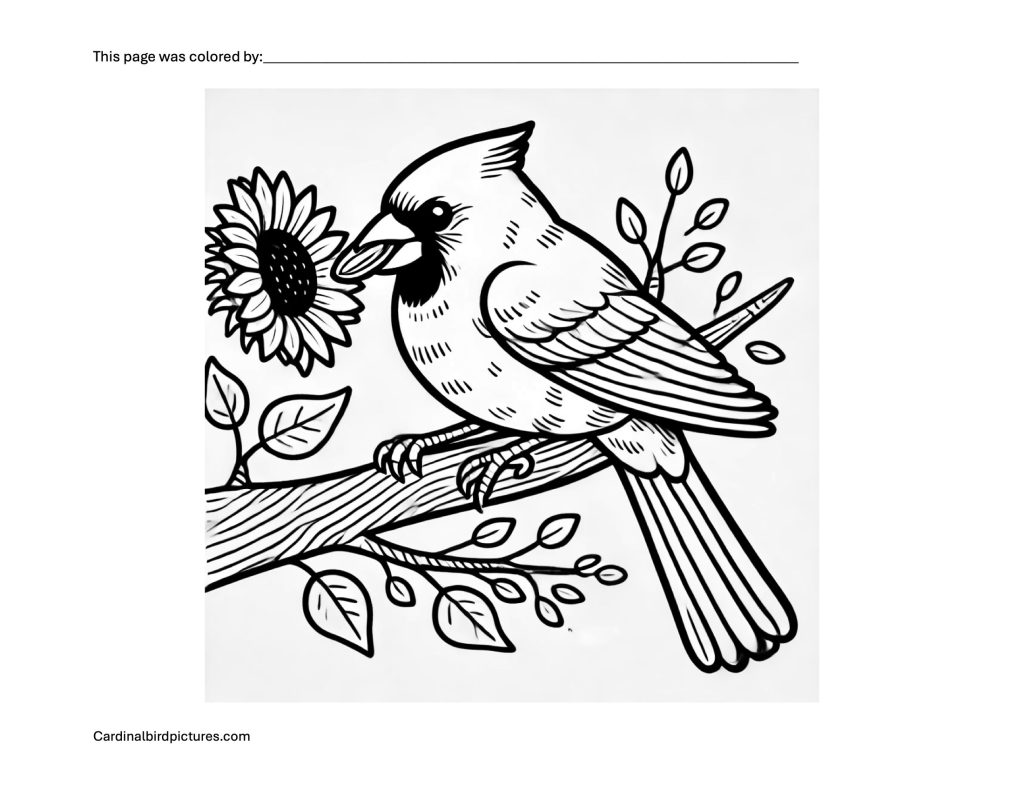 Black and white illustration of a cardinal perched on a branch with leaves, next to a sunflower.