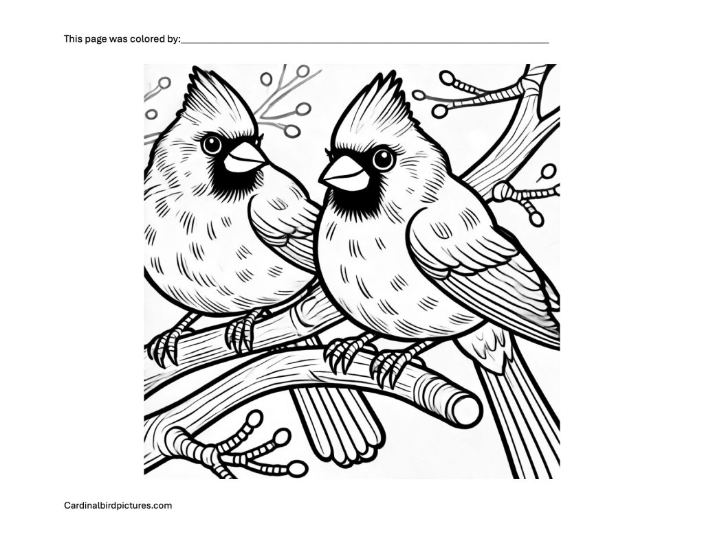 Black and white drawing of two cardinals perched on tree branches, surrounded by twigs and leaves.