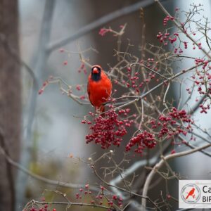 A red cardinal perched on a branch with clusters of red berries in a forest setting.
