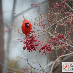 A red cardinal perched on a branch with clusters of red berries, set against a blurred forest background.
