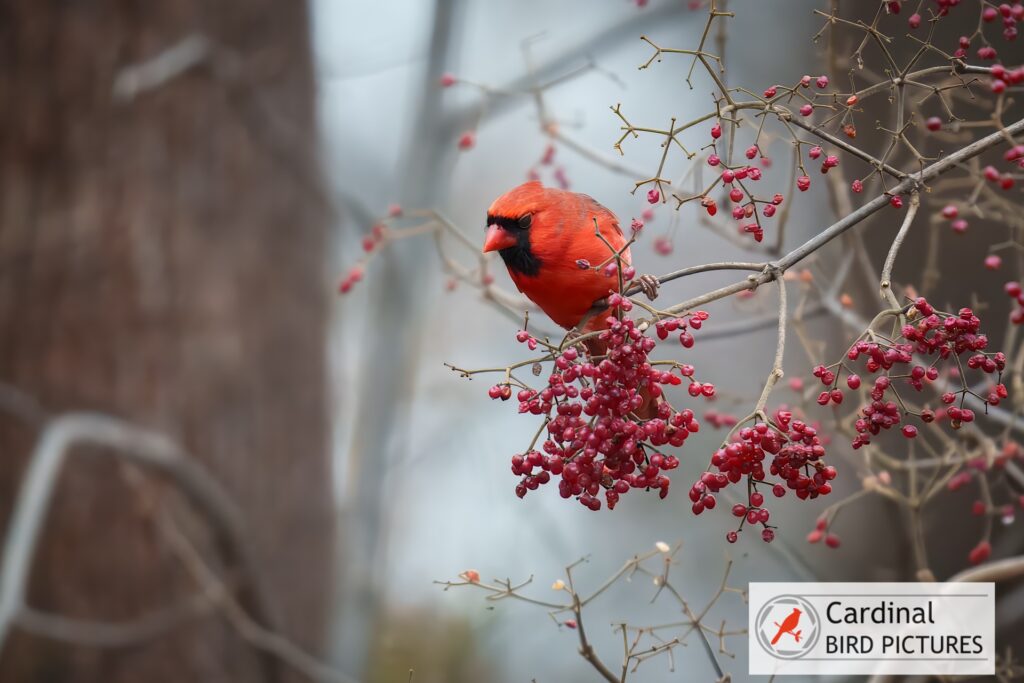 A vibrant red cardinal perched on a branch surrounded by clusters of red berries.