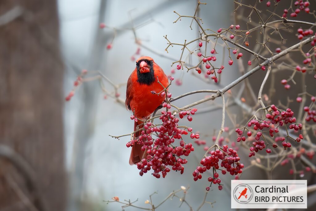 A vibrant red cardinal perches on a branch with clusters of red berries, set against a blurred, wintery background.