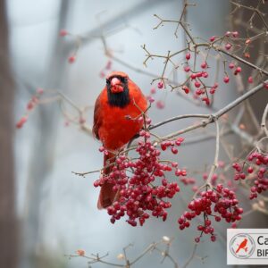 A vibrant red cardinal perches on a branch with clusters of red berries, set against a blurred, wintery background.